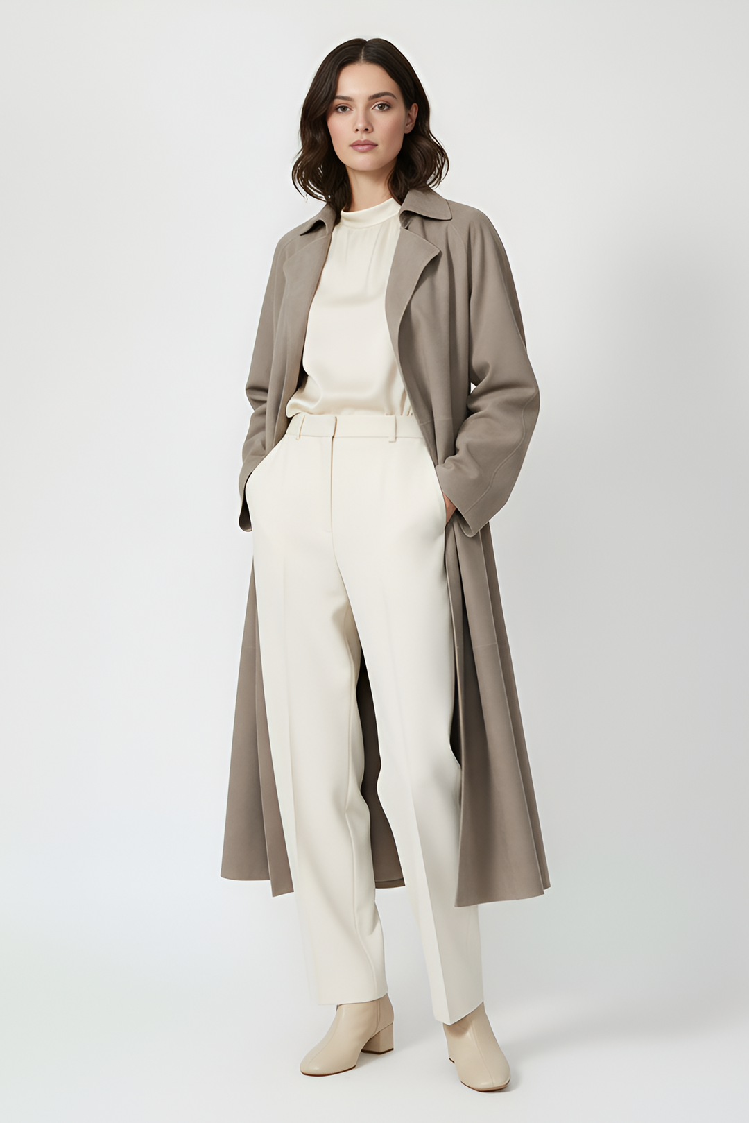 AURORA - Suede trench coat, detail shot of fabric texture and stitching