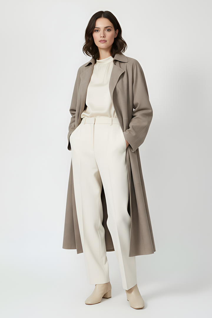 AURORA - Suede trench coat, detail shot of fabric texture and stitching