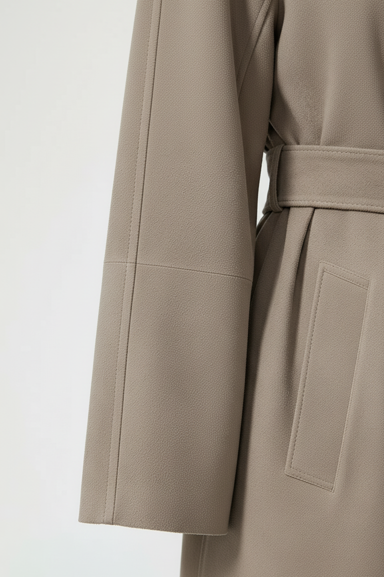 AURORA - Taupe suede trench coat detail, close-up of sleeve seam