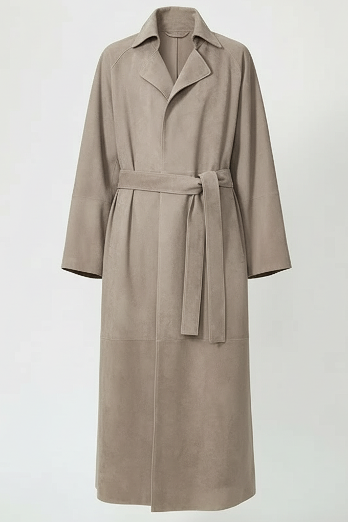 AURORA - Taupe suede trench coat, flat lay front view