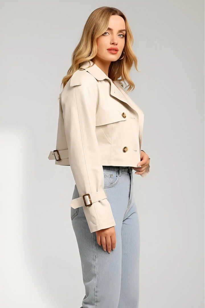 AVELYN – Double Breasted Trench Jacket – Waist tie and lapel detail close-up