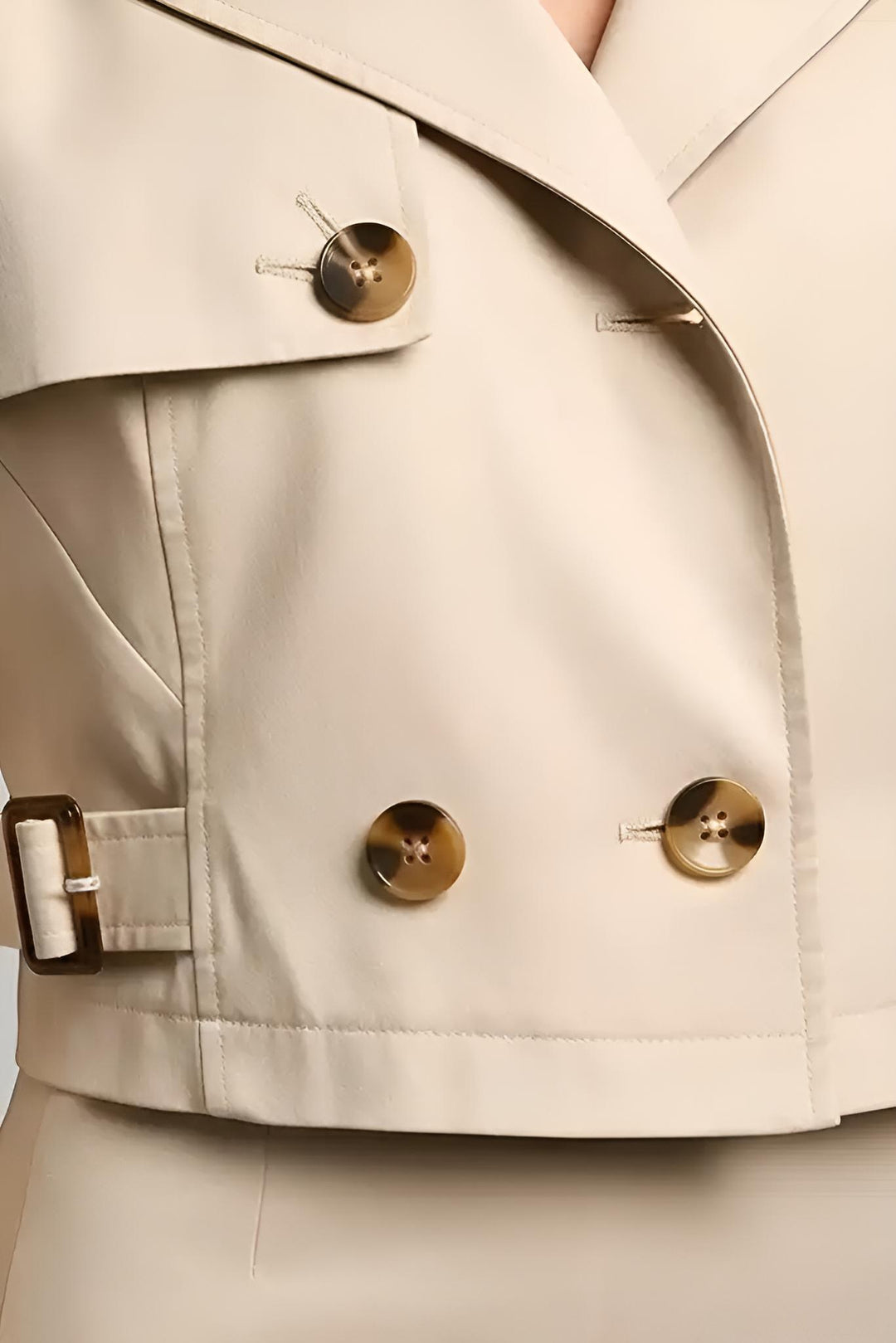 AVELYN – Double Breasted Trench Jacket – Waist tie and lapel detail close-up