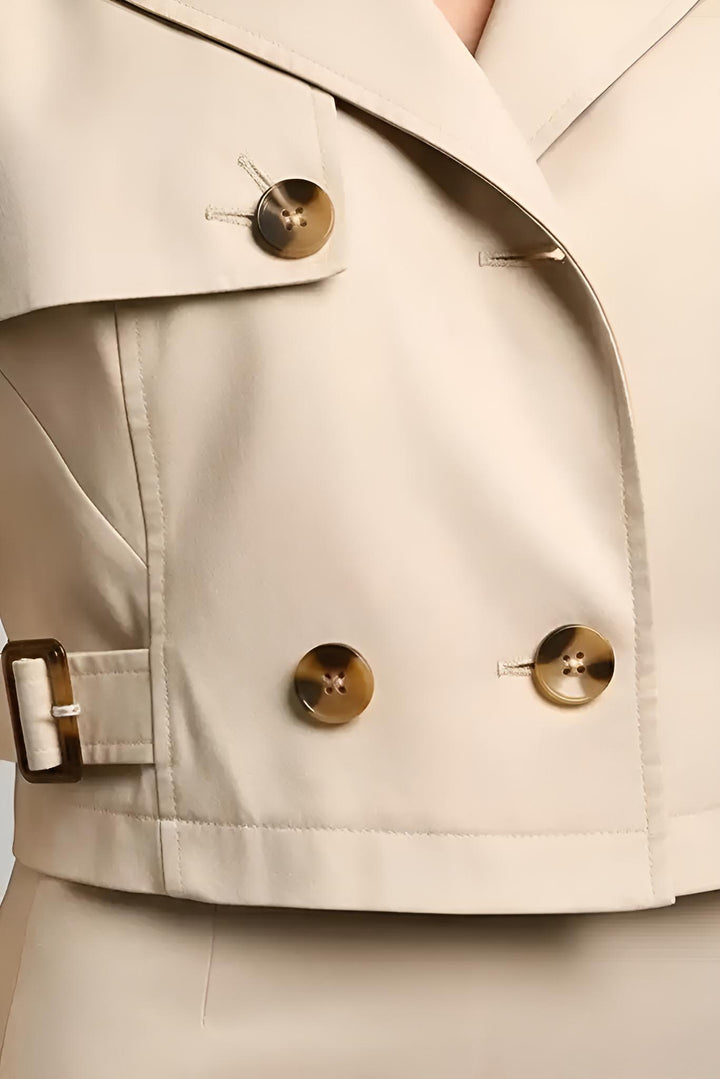 AVELYN – Double Breasted Trench Jacket – Waist tie and lapel detail close-up