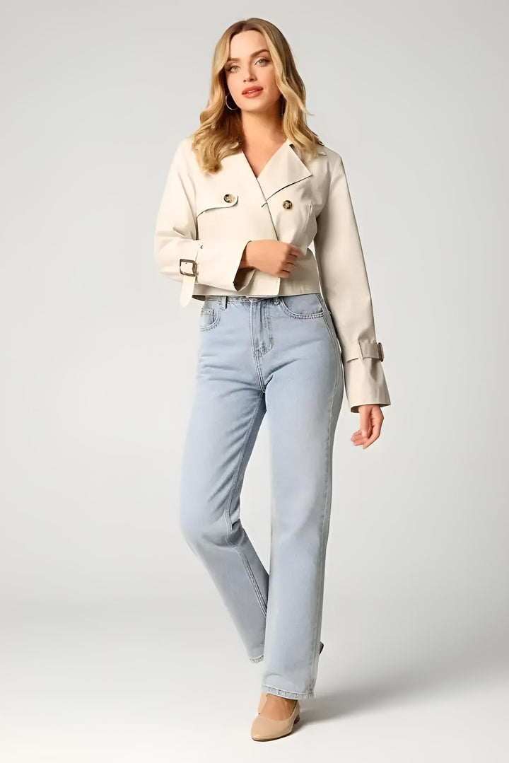 AVELYN – Double Breasted Trench Jacket – Women’s beige cropped trench front view