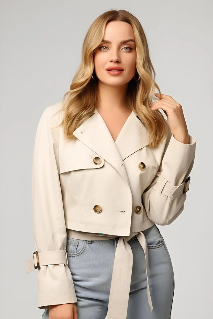 AVELYN – Double Breasted Trench Jacket – Women’s beige cropped trench front view
