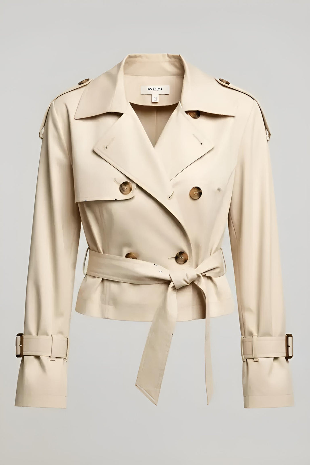 AVELYN – Double Breasted Trench Jacket – Women’s beige cropped trench front view