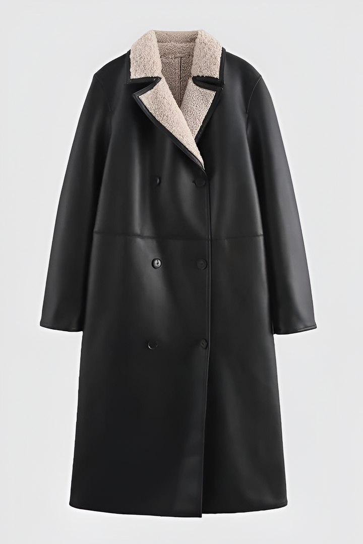 Faux Leather Fur Collar Long Coat