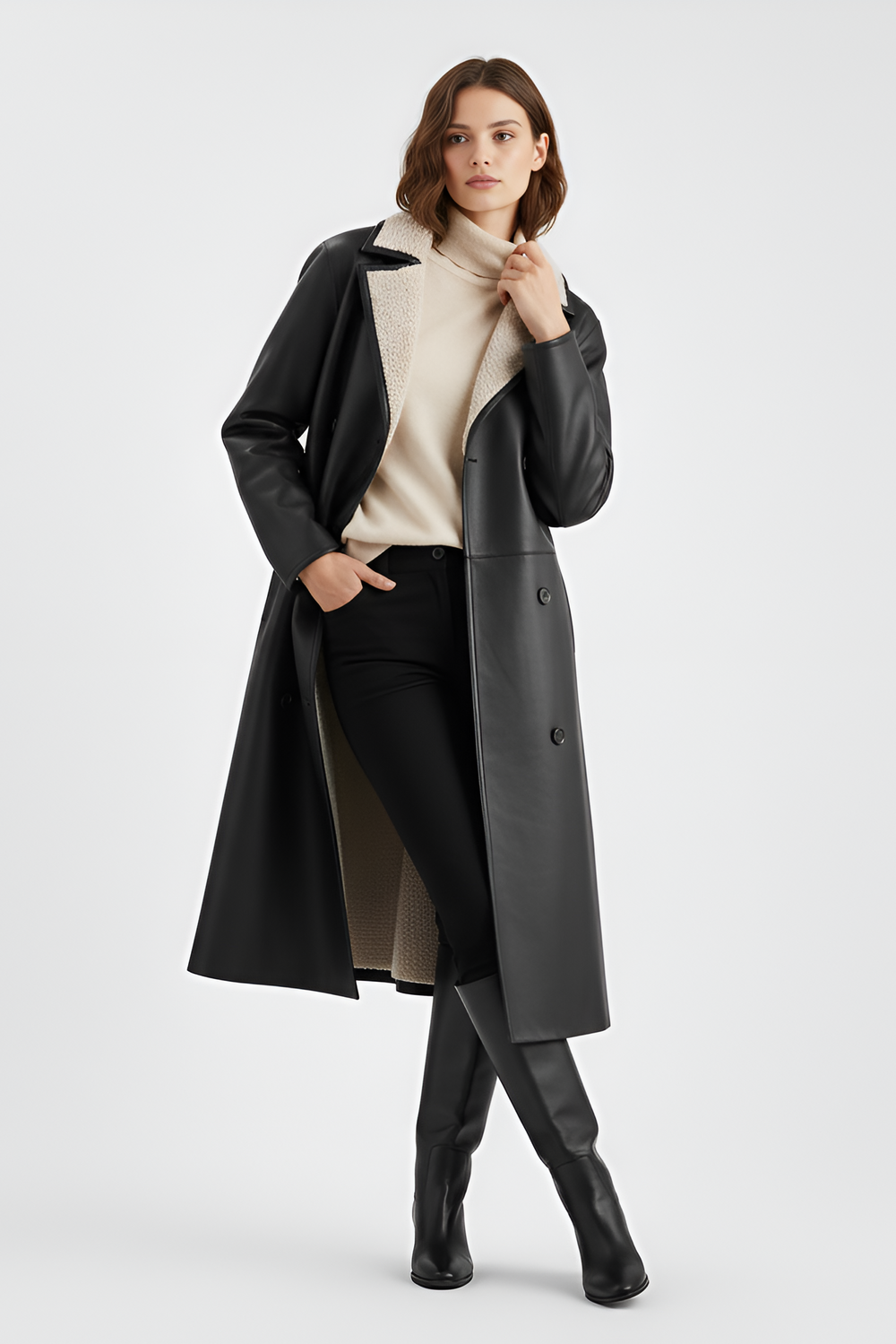 AVELYN faux leather fur long coat back view slim silhouette