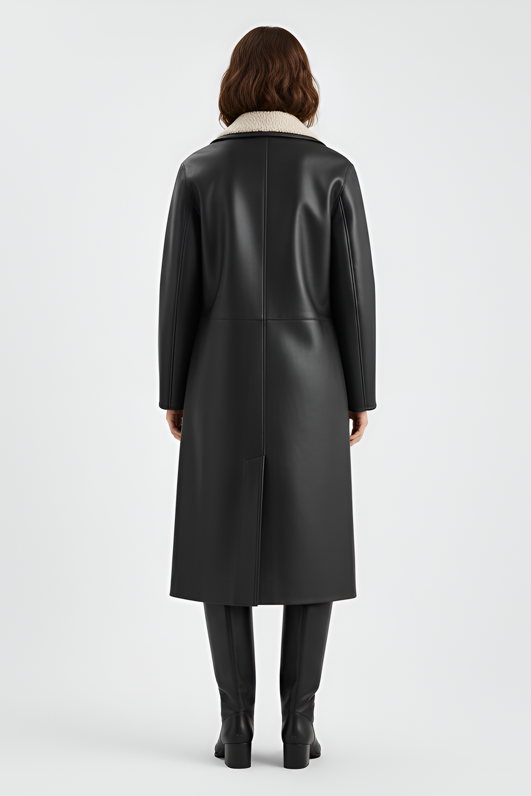 AVELYN long faux leather coat side pose double button closure