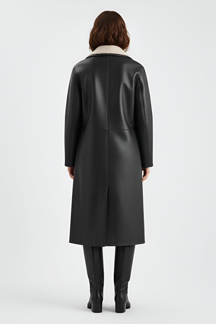 AVELYN long faux leather coat side pose double button closure