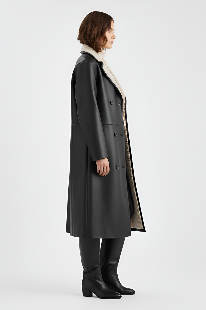 AVELYN reversible faux leather fur coat back look on model