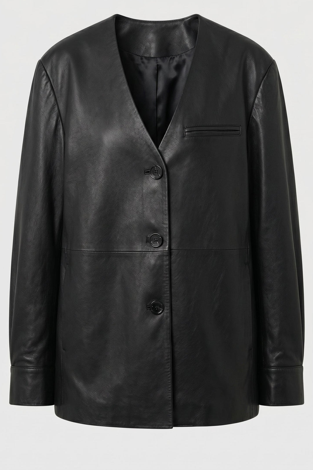 AVERY - Black V-Neck Sheepskin Leather Jacket -  full product shot