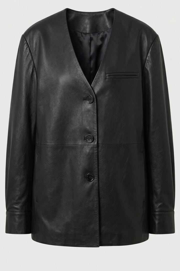 AVERY - Black V-Neck Sheepskin Leather Jacket -  full product shot