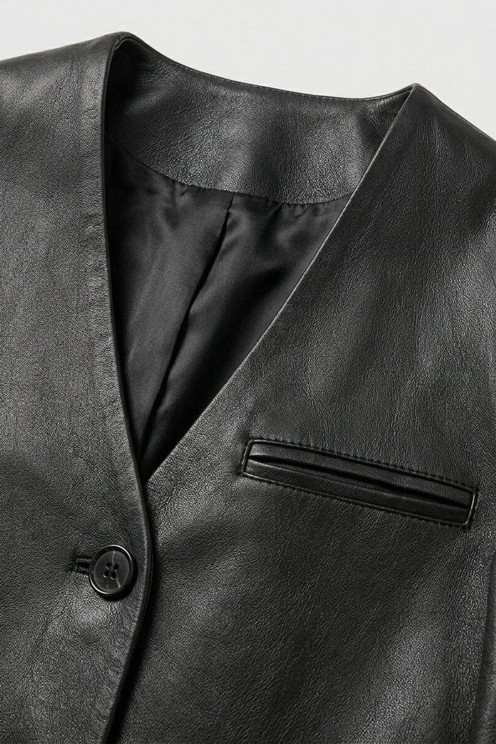 AVERY - Black V-Neck Sheepskin Leather Jacket -  collar, pockes and button, close-up shot