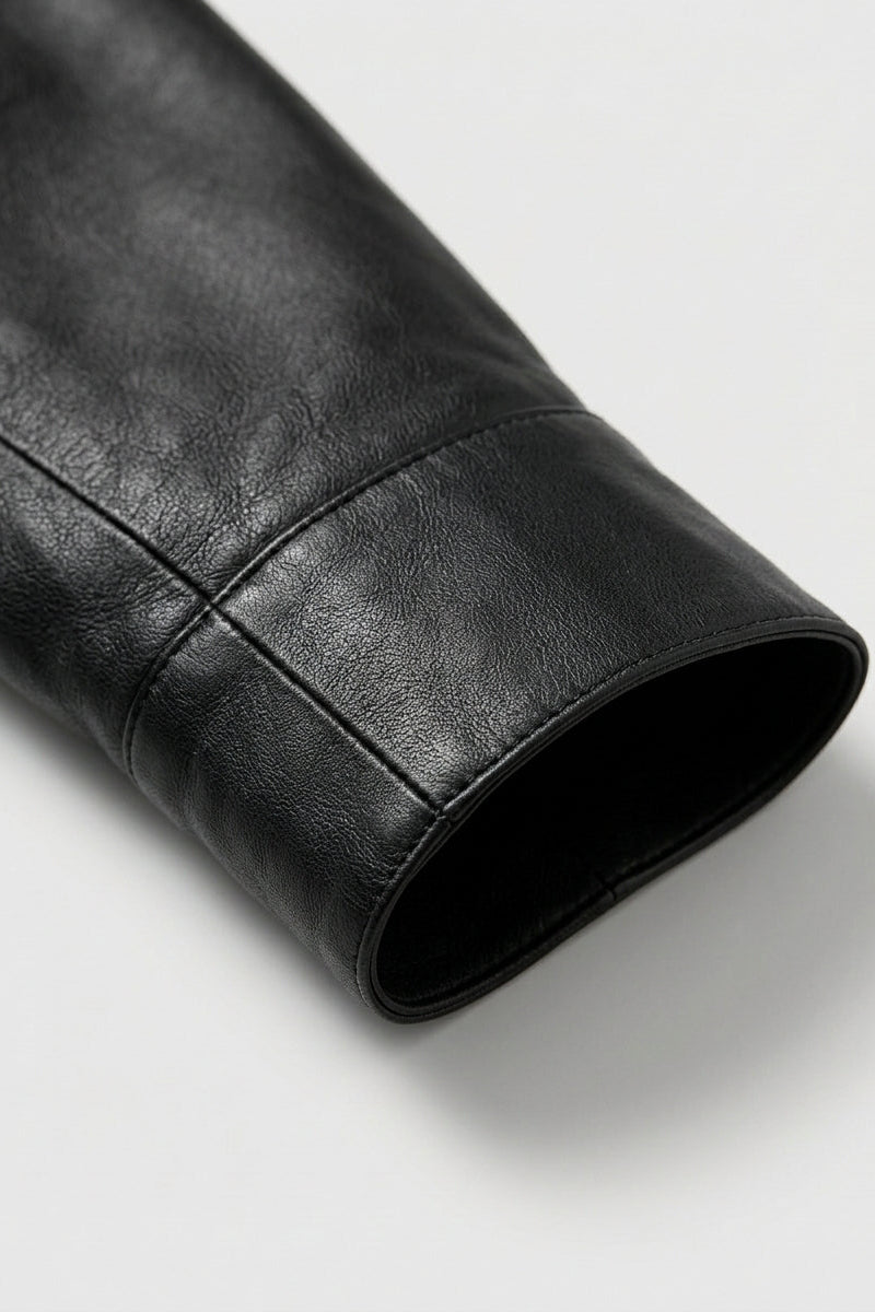 AVERY - Black V-Neck Sheepskin Leather Jacket -  sleeve and cuff detail