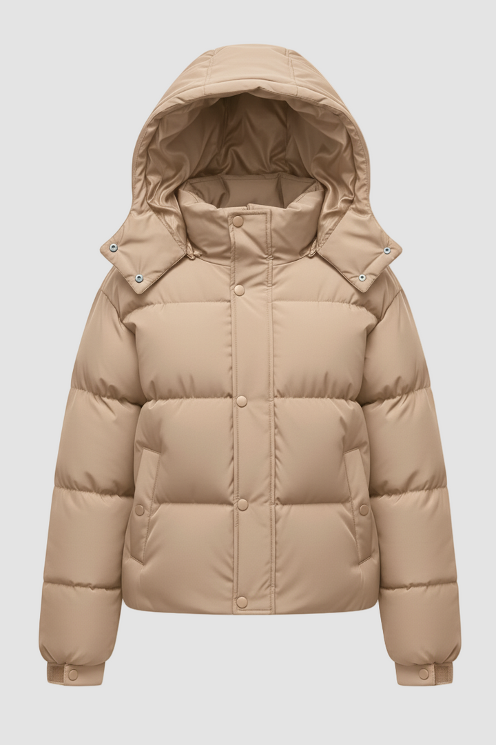 Beige puffer jacket with a hood on a white background