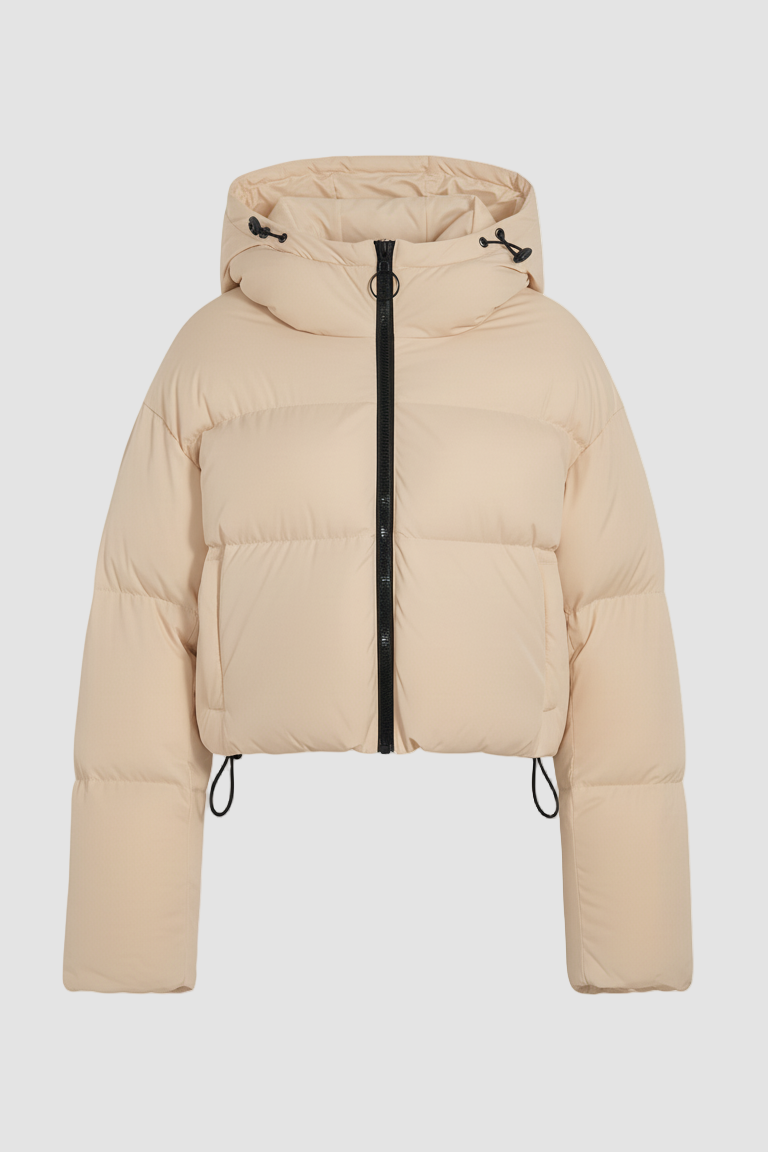 Beige puffer jacket with a hood on a white background