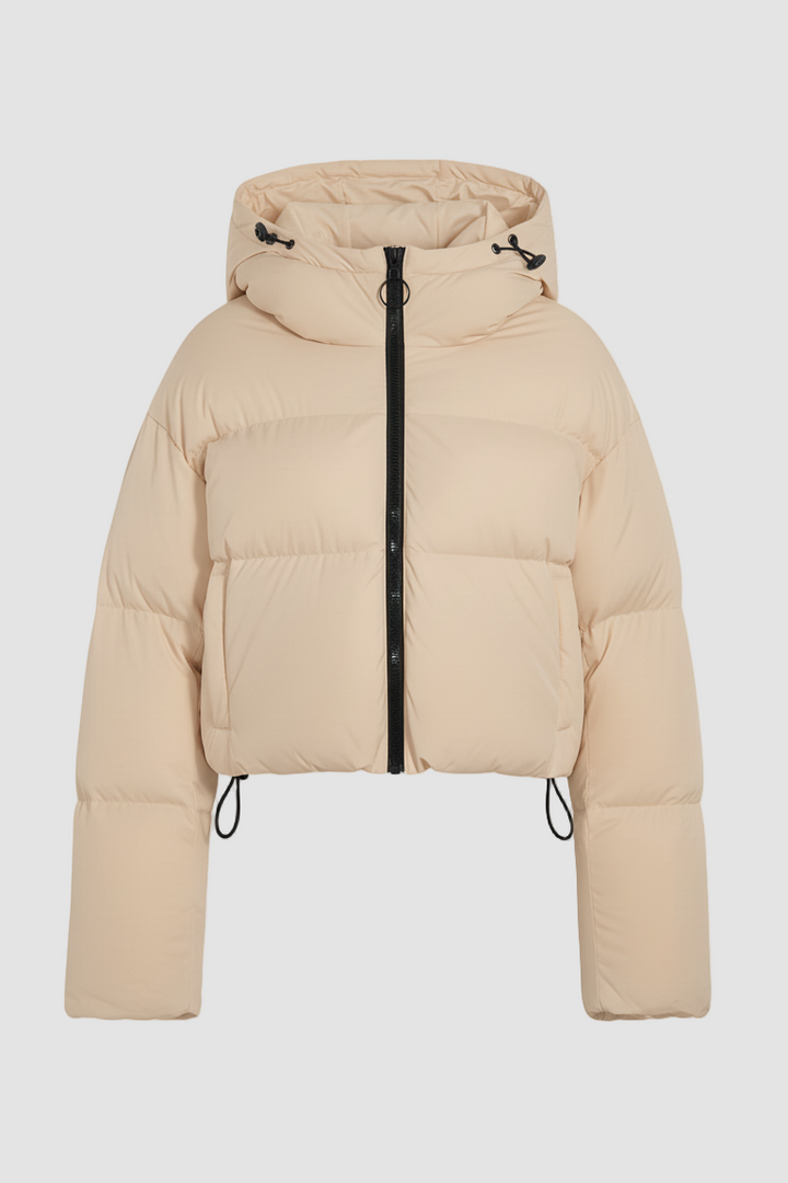 Beige puffer jacket with a hood on a white background