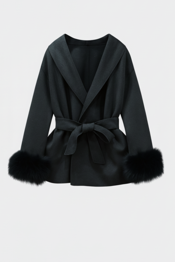 Black coat with fur cuffs on a light gray background