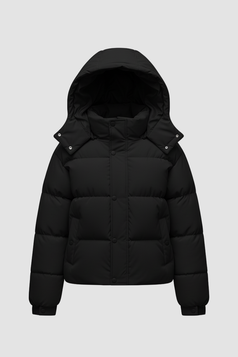 Black puffer jacket with a hood on a white background