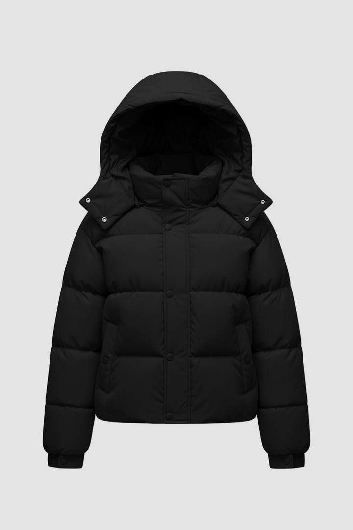 Black puffer jacket with a hood on a white background