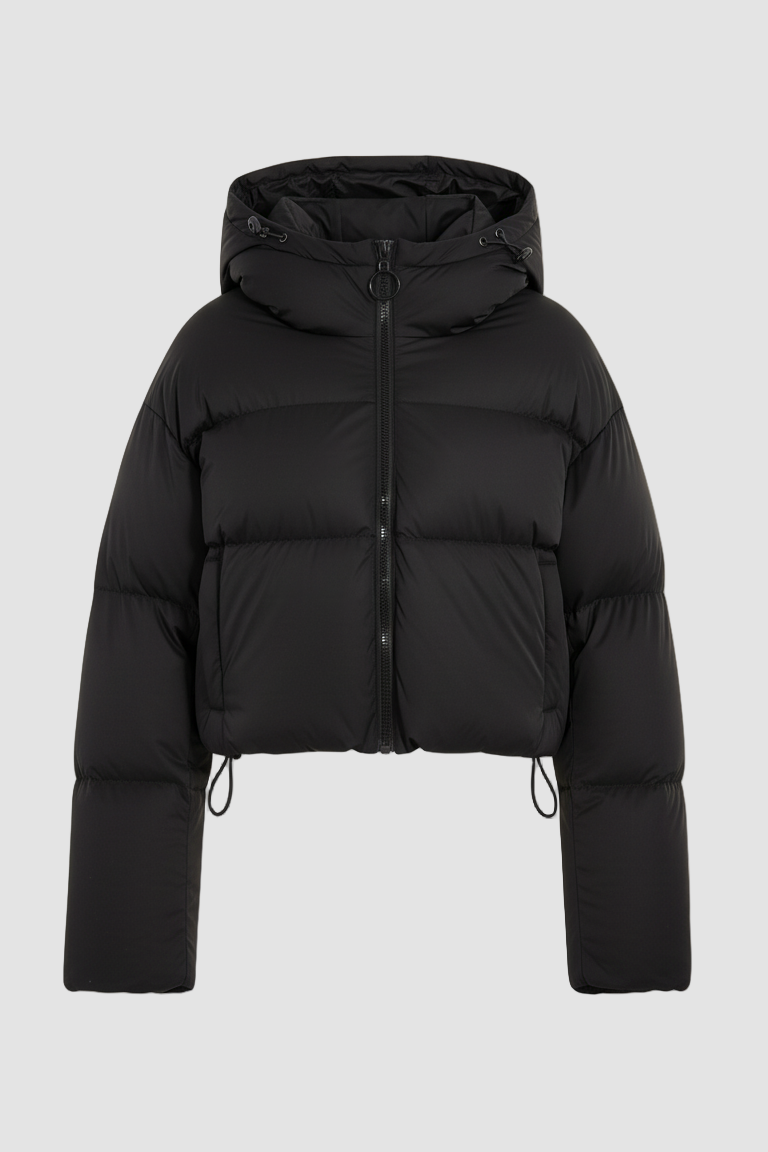 Black puffer jacket on a white background