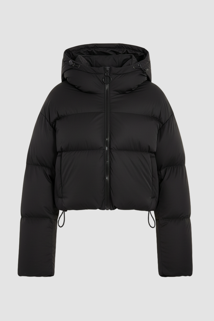 Black puffer jacket on a white background