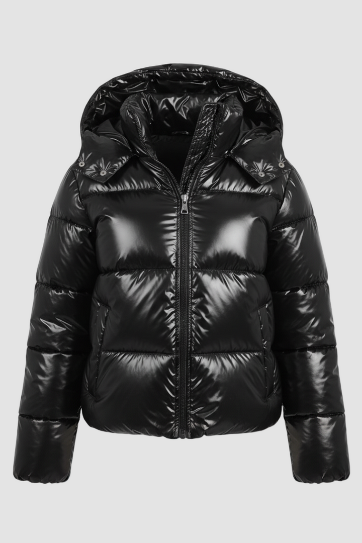 Black puffer jacket with a hood on a white background