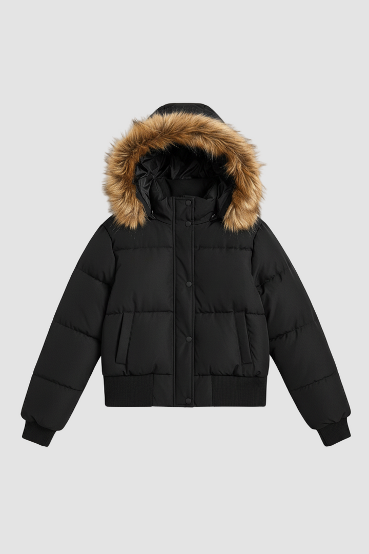 Black puffer jacket with fur-lined hood on a white background