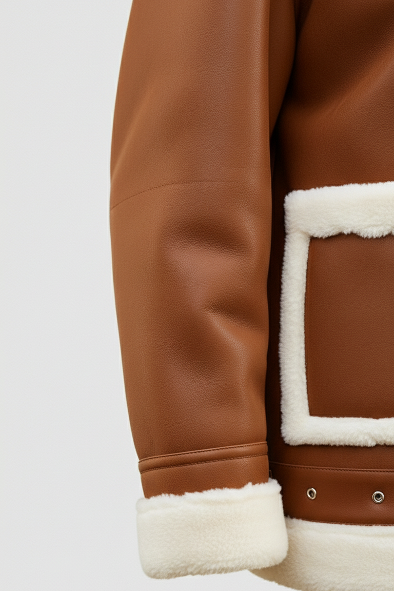 Brown leather jacket with white fur lining on a light gray background