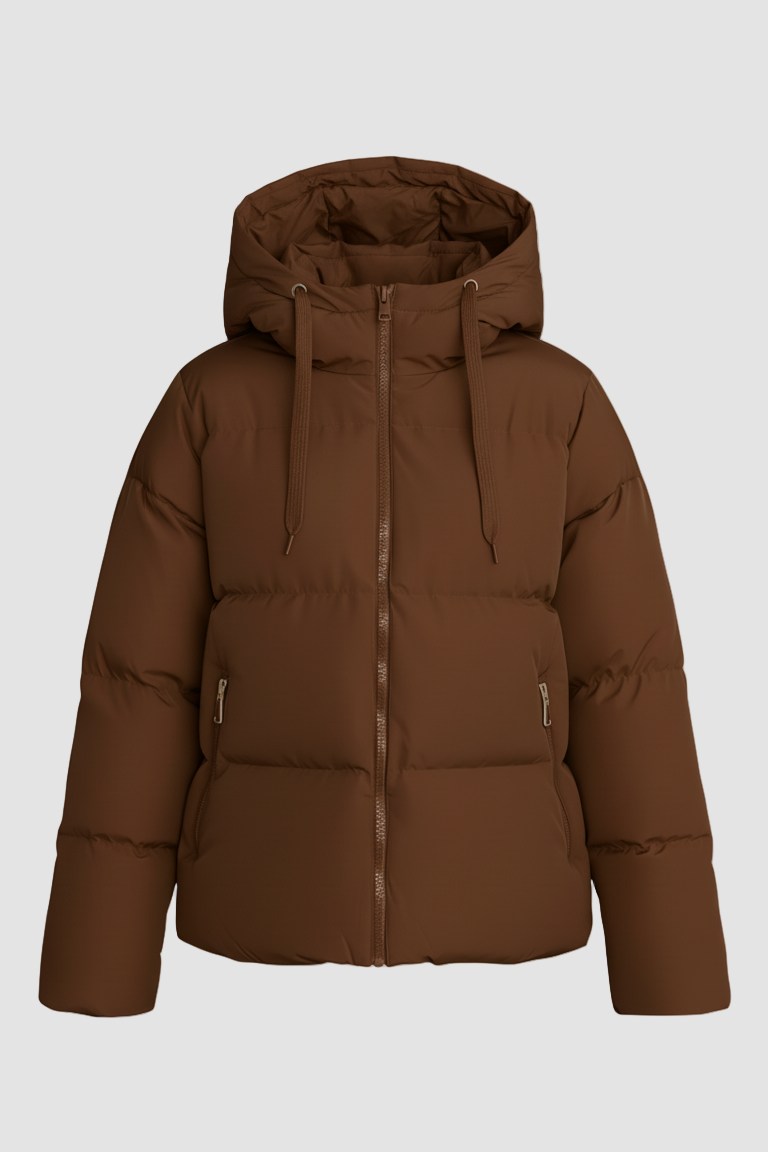 Brown puffer jacket on a light gray background