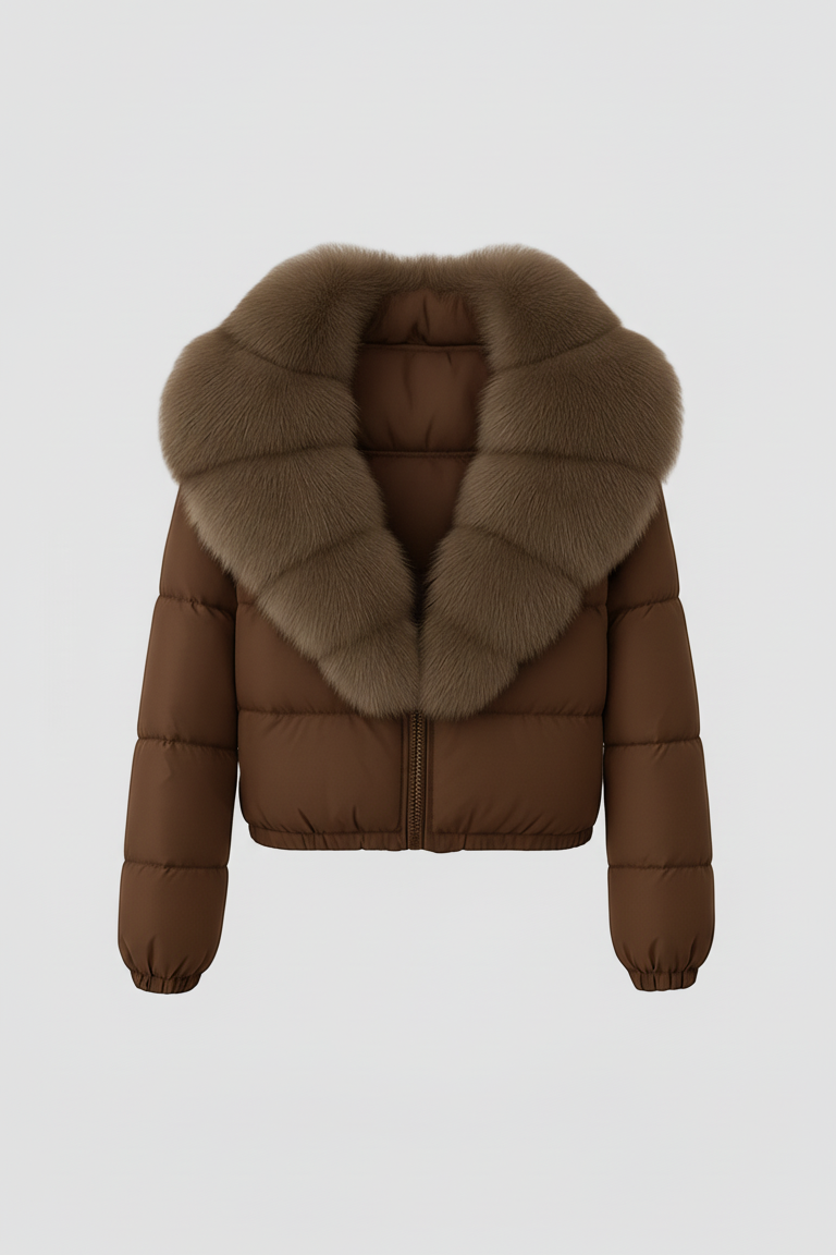 Brown puffer jacket with fur collar on a white background