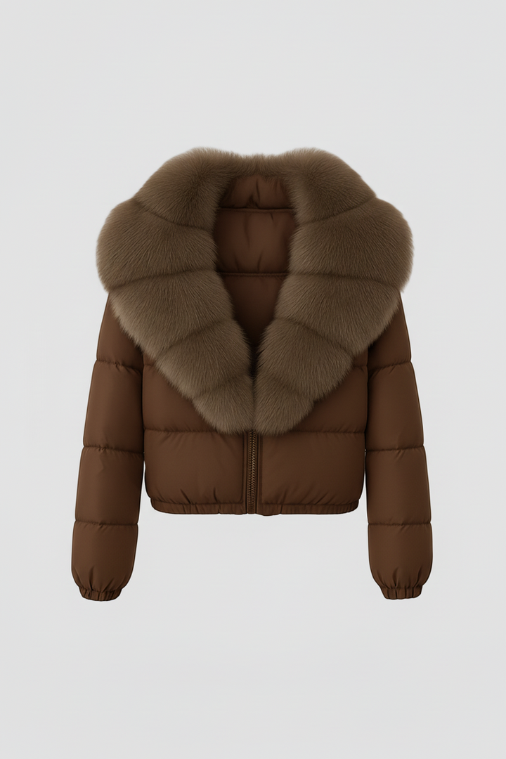 Brown puffer jacket with fur collar on a white background