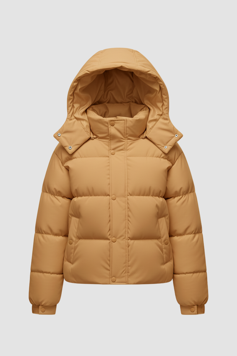 Camel puffer jacket with a hood on a white background