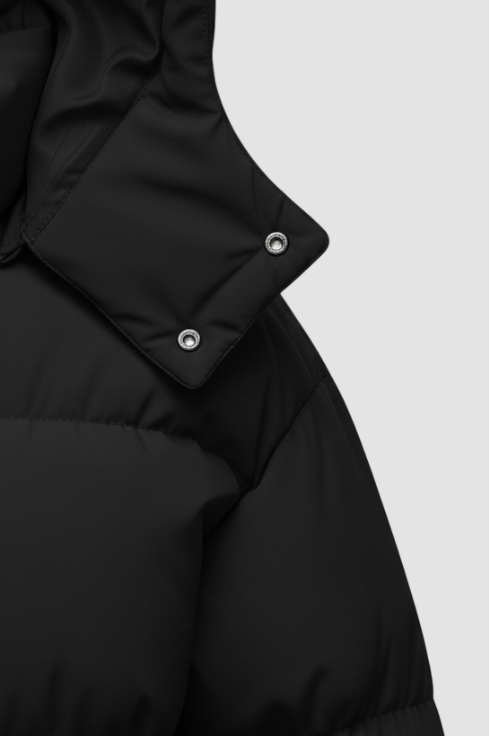 Close-up of a black puffer jacket with a hood on a white background