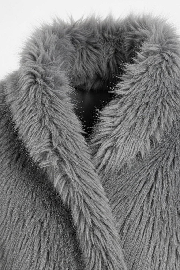 Close-up of a gray fur coat with a focus on texture and color.
