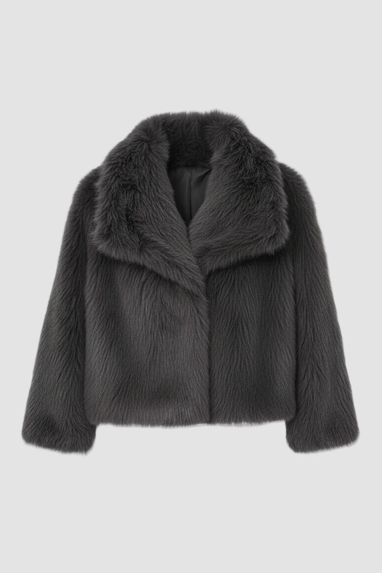 Dark gray faux fur jacket on a white background