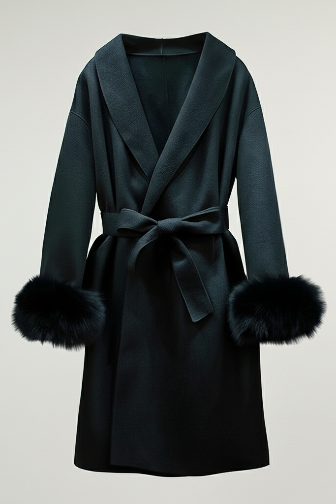 Dark green coat with fur cuffs on a light gray background