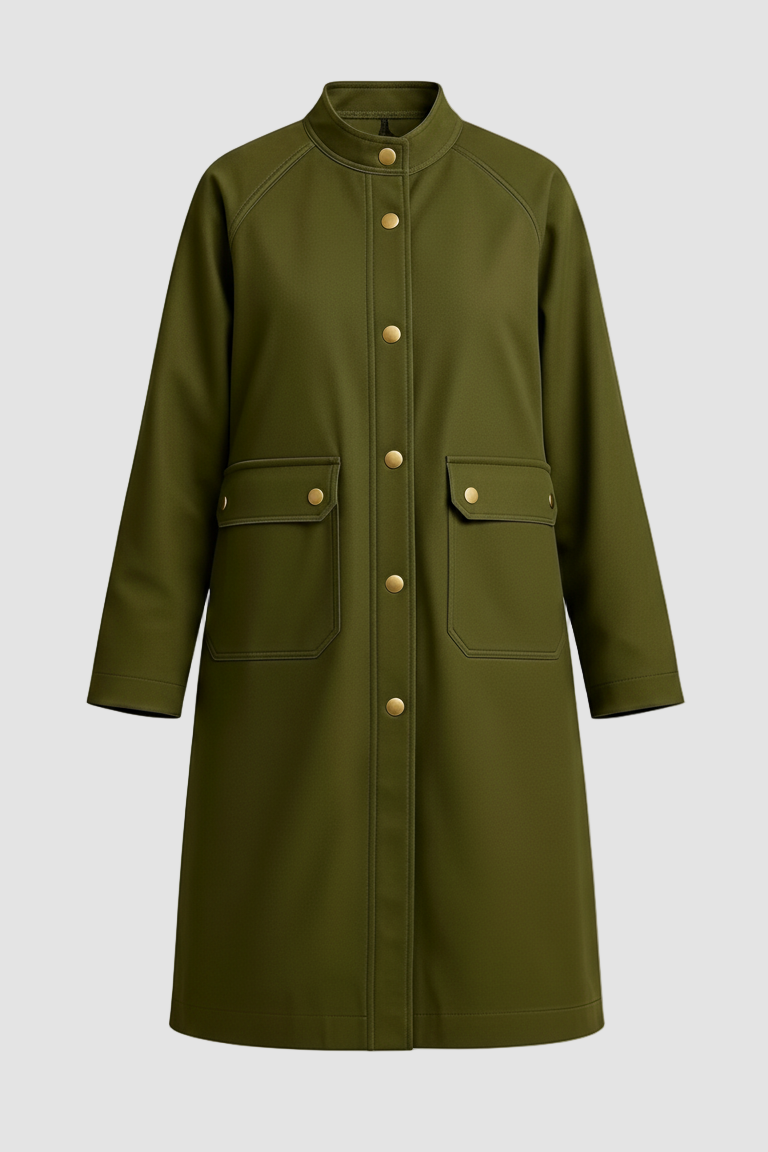 Green coat with button details on a white background