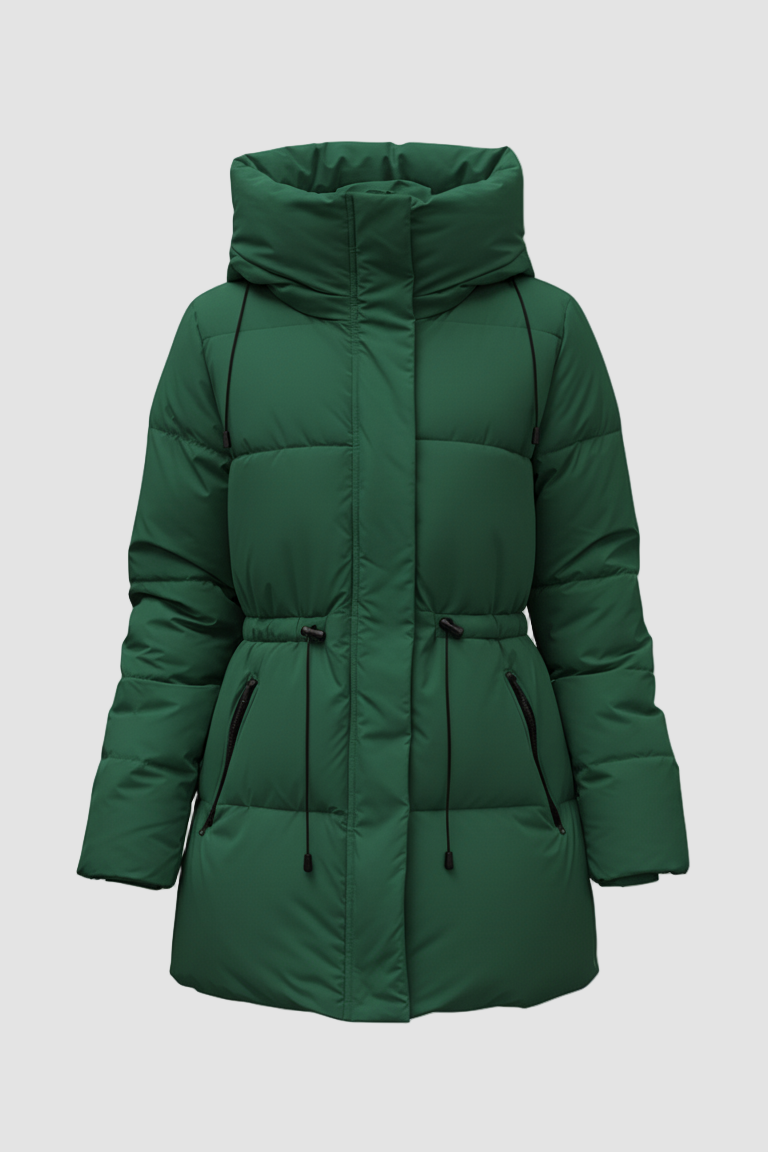 Green puffer coat on a white background