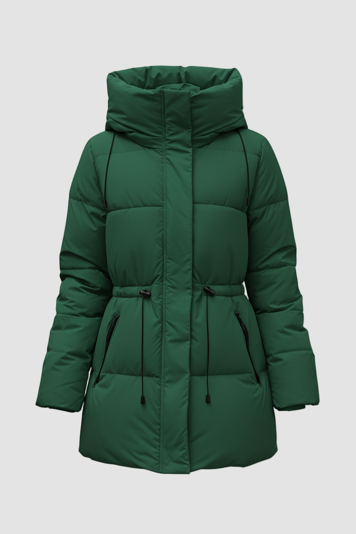 Green puffer coat on a white background