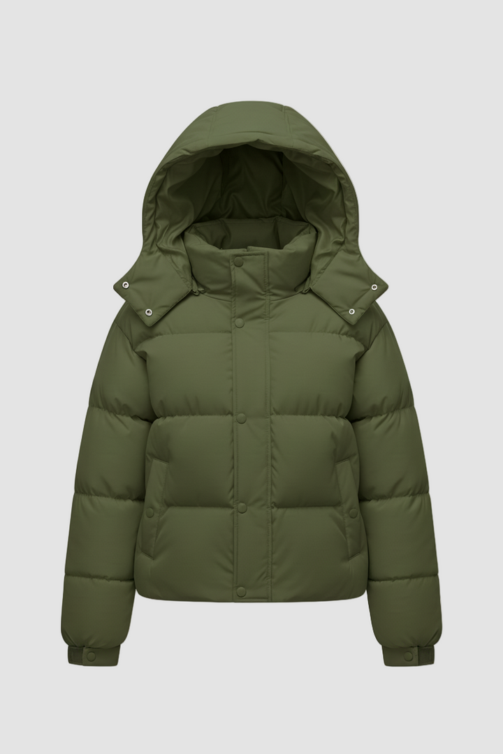 Green puffer jacket with a hood on a white background