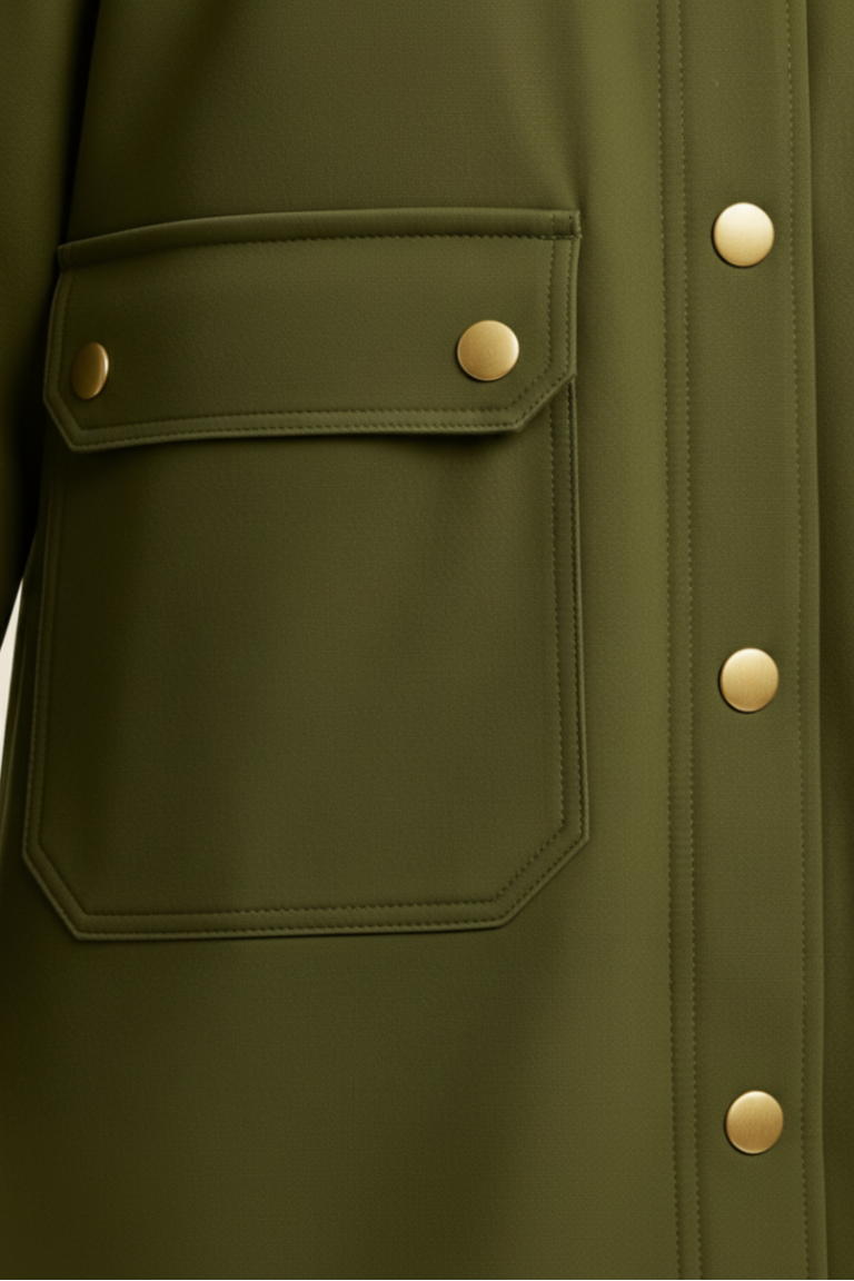 Green raincoat on a beige background