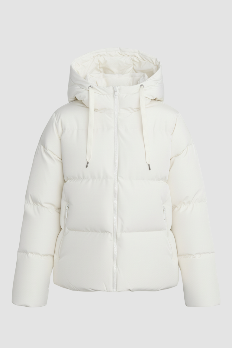 White puffer jacket with a hood on a white background
