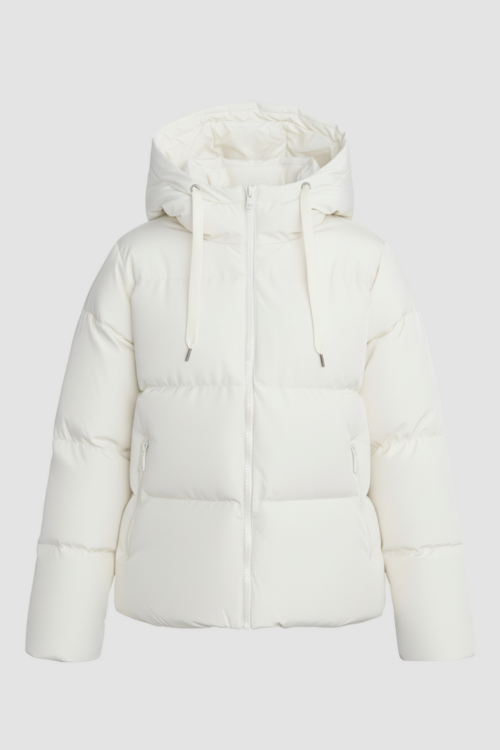 White puffer jacket with a hood on a white background