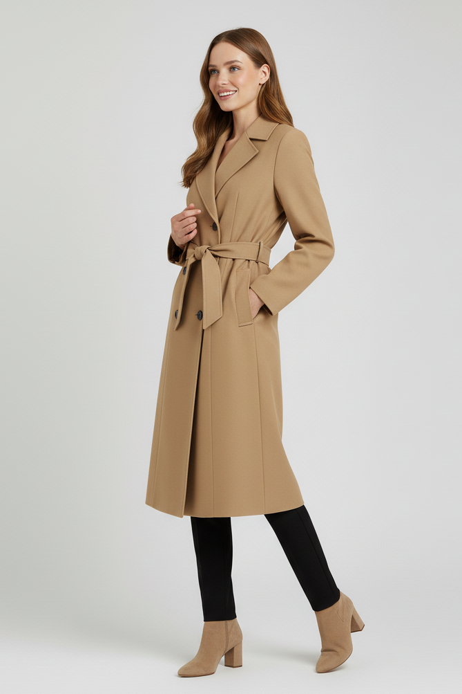 Woman wearing a beige trench coat on a white background