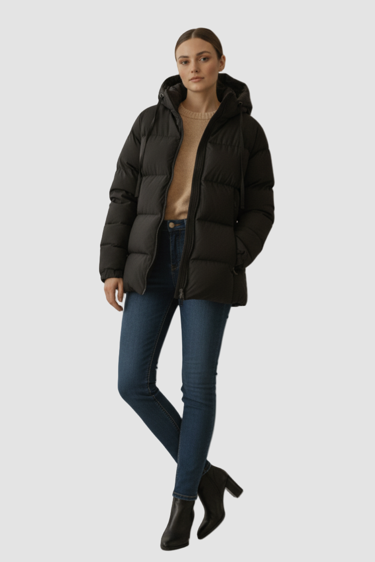 Woman wearing a black puffer jacket, blue jeans, and black boots on a plain background