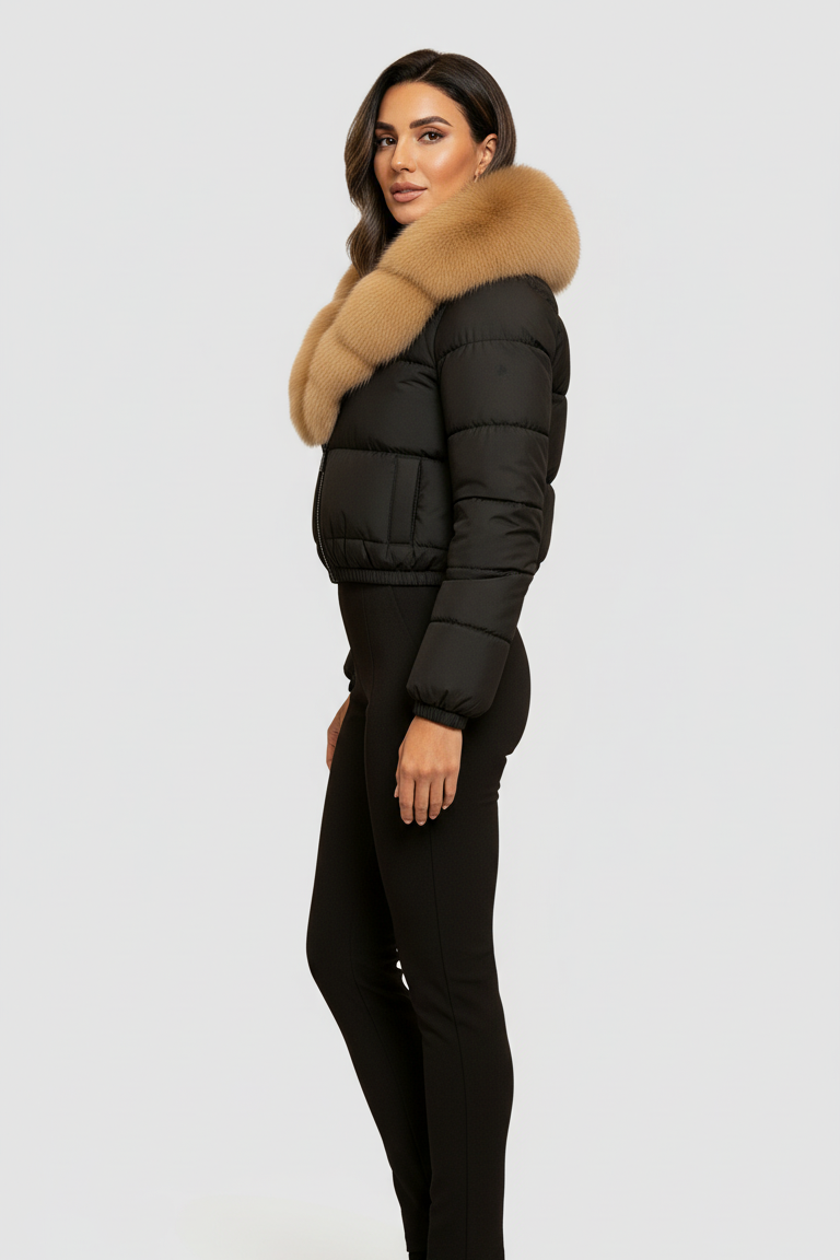 Woman wearing a black puffer jacket with a fur collar on a white background