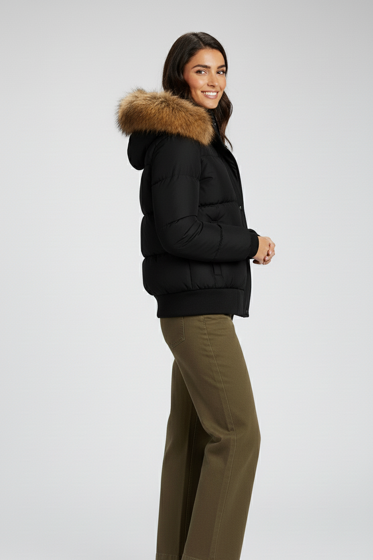 Woman wearing a black puffer jacket with a fur hood on a white background