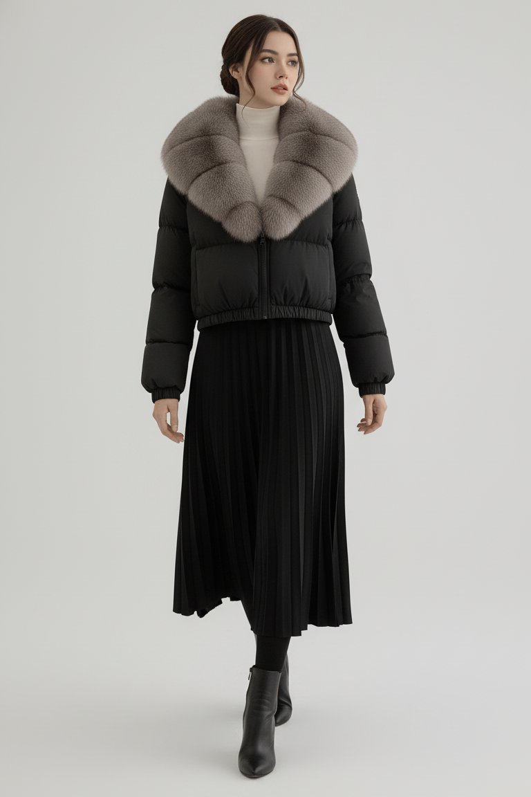 Woman wearing a black puffer jacket with fur collar and a black skirt on a white background
